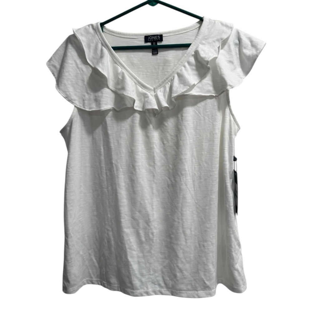 Jones of New York White Ruffled V-Neck Top, size Large, NWT